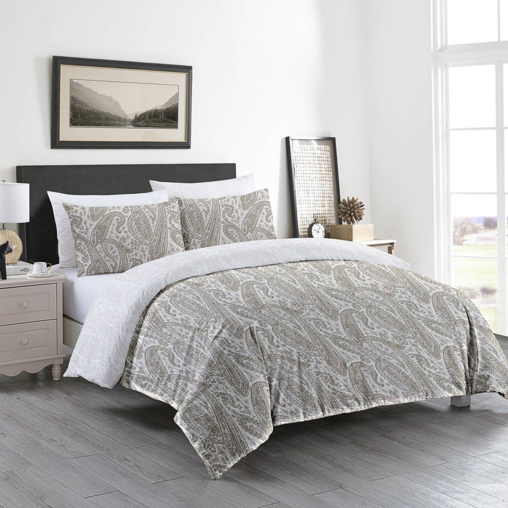 Delara GOTS Organic Cotton Paisley Reversible Print Duvet Cover Set, Queen(88"x9