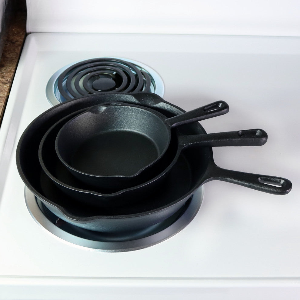 Sunnydaze Cast Iron Skillet Set - 3-Piece Pre-Seasoned Fry Pan - 6", 7" and 10"