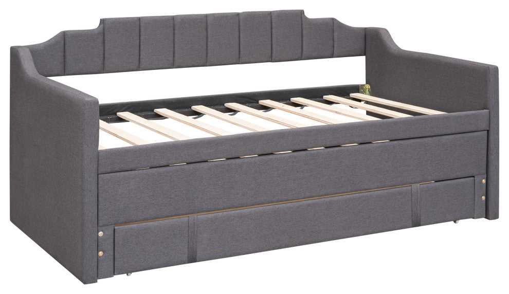 Gewnee Twin Size Upholstered Daybed with Trundle and Three Drawers in Grey