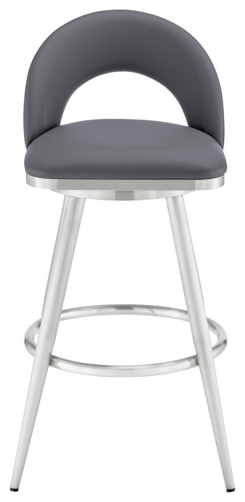 Lottech Swivel Bar Stool, Brushed Stainless Steel With Faux Leather, Gray