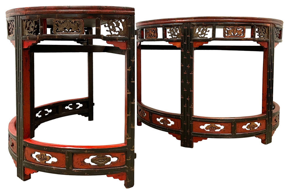 Consigned 19th Century Antique Chinese Carved Red lacquered Half Moon Tables