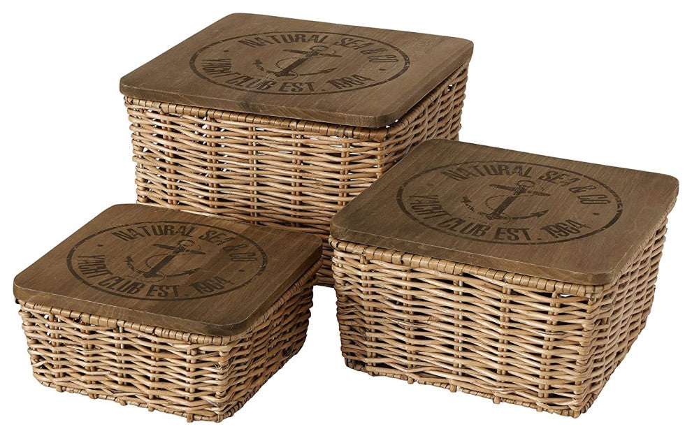 3 Piece Wicker Boxes and Wooden Lids Set