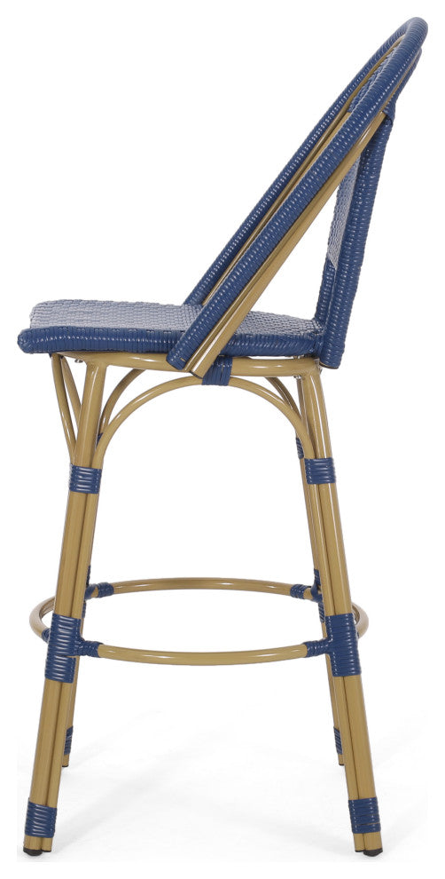 Cotterell Outdoor French Wicker and Aluminum 29.5" Barstools, Set of 4, Navy Blue/Bamboo Finish