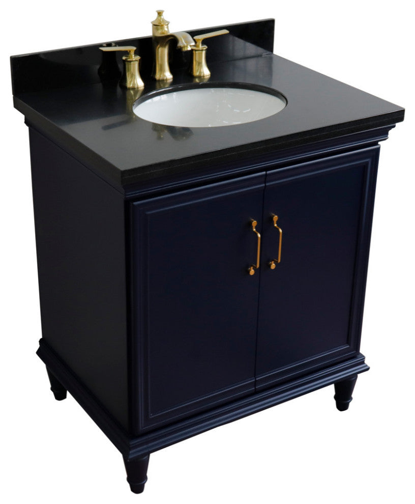 31" Single Vanity, Blue Finish With Black Galaxy And Oval Sink