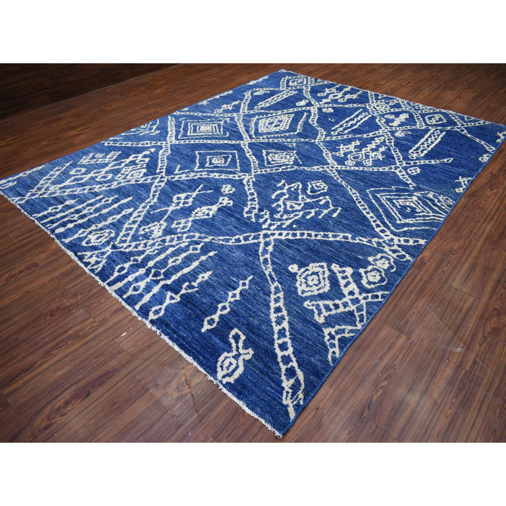 Blue, Hand Knotted, Soft and Shiny Wool, Moroccan Berber Rug, 8'10"x11'5"