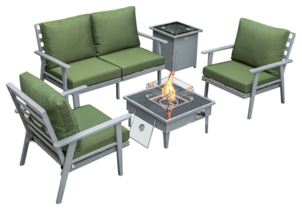 LeisureMod Walbrooke Grey Patio Sofa Set With Square Fire Pit Table, Green