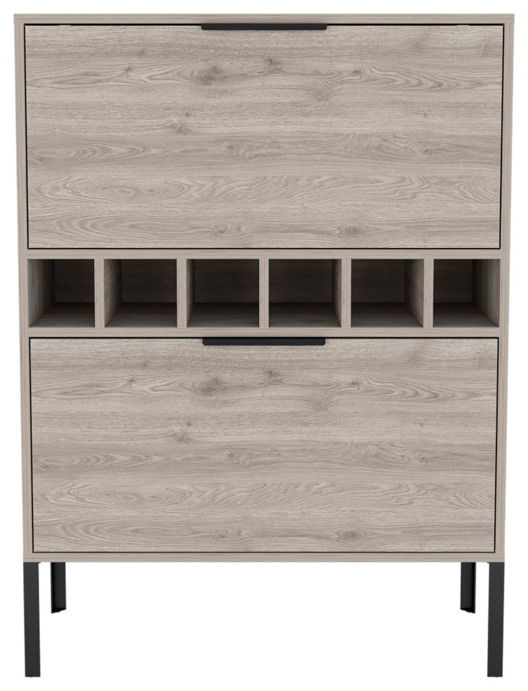 Rowan Bar Cabinet with 6 Wine Cubbies, Glass Rack, and Inner Shelves, Light Gray