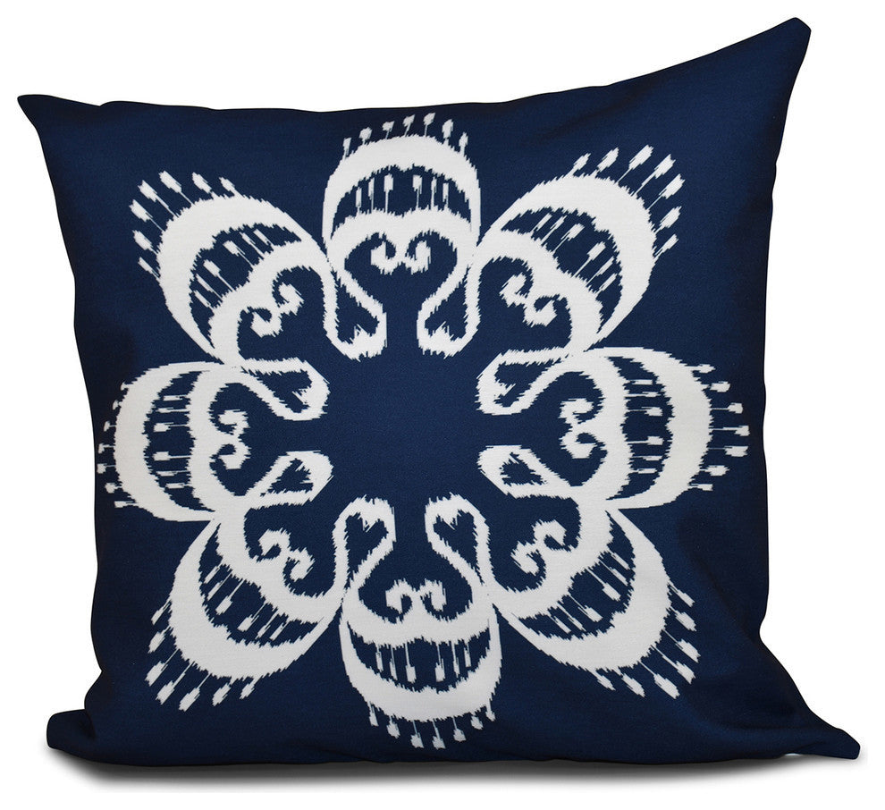 Ikat Mandala, Geometric Outdoor Pillow, Navy Blue, 18"x18"