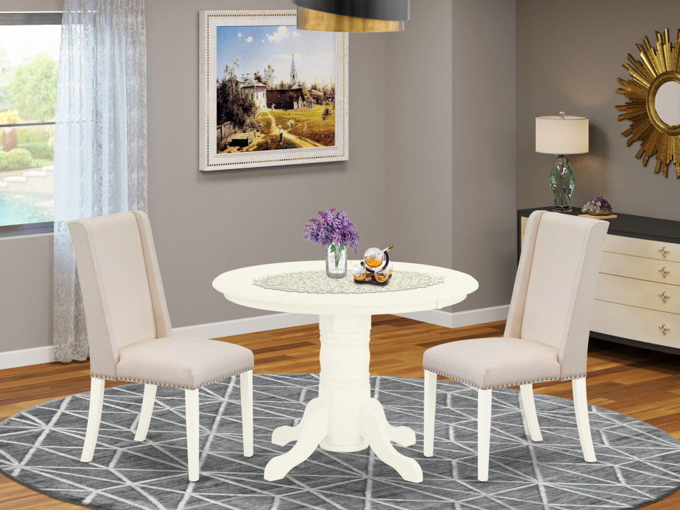 3Pc Dining Set, Round Table, 2 Upholstered Chairs, Linen White