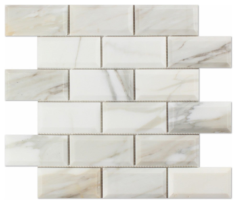 2 X 4 Calacatta Gold Marble Honed & Beveled Brick Mosaic Tile