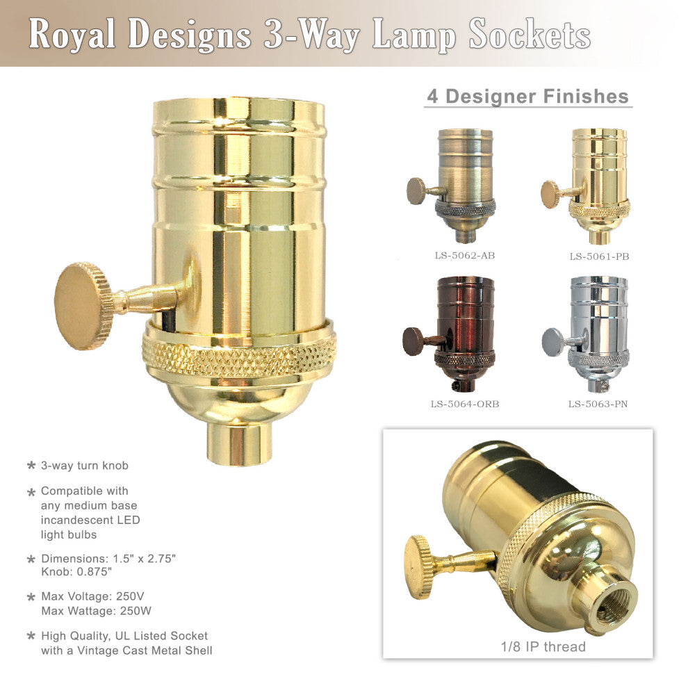 Royal Designs, Inc. 3 Way Vintage Lamp Socket, Polished Brass, Set of 6