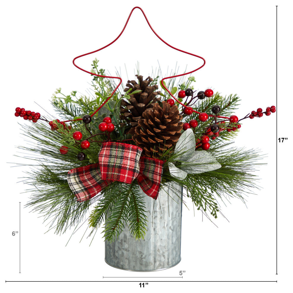 17" Pinecone & Berries Faux Xmas Arrangement W/ Metal Vase & Wire Red Xmas Tree