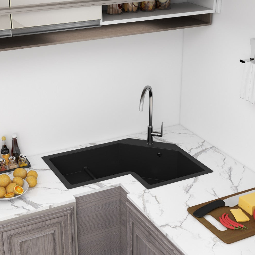 32" Modern Black Drop In Corner Kitchen Sink Single Bowl Quartz Irregular, Right Corner
