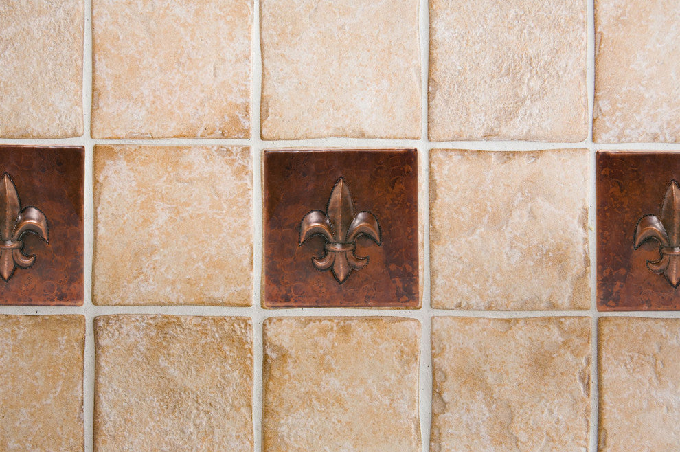 Hammered Copper Fleur De Lis Tile, 4"x4", Set of 4