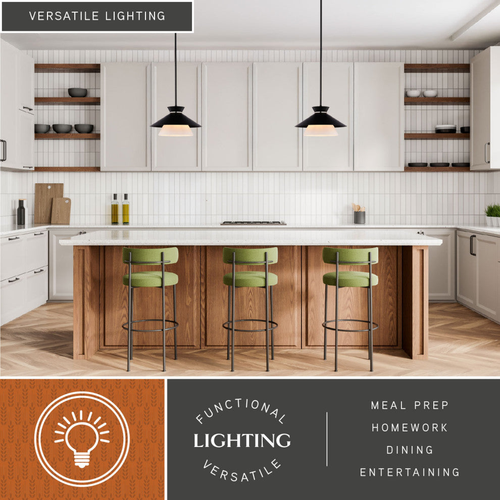 Loomis 1-Light Matte Black Mid-Century Modern Pendant, White Frosted Glass Shade