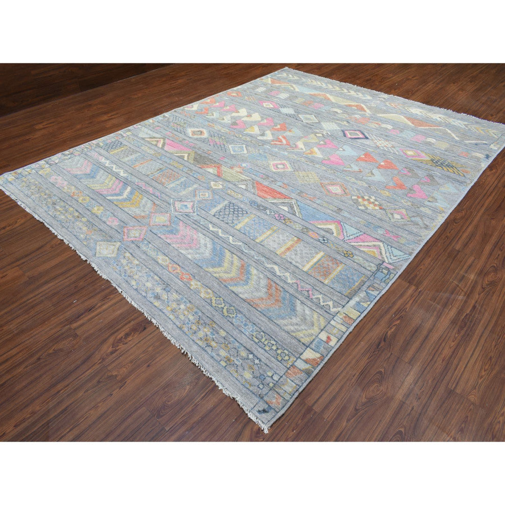 Gray Hand Knotted Inspired With Small Triangular Design Runner Rug, 9'1"x11'8"
