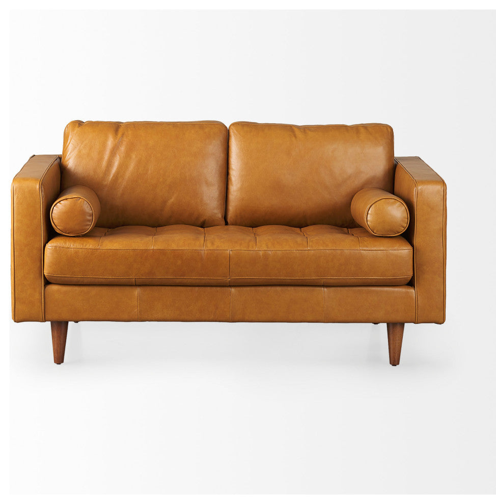 Svend 65Lx38Wx34H Tan Leather Love Seat Sofa