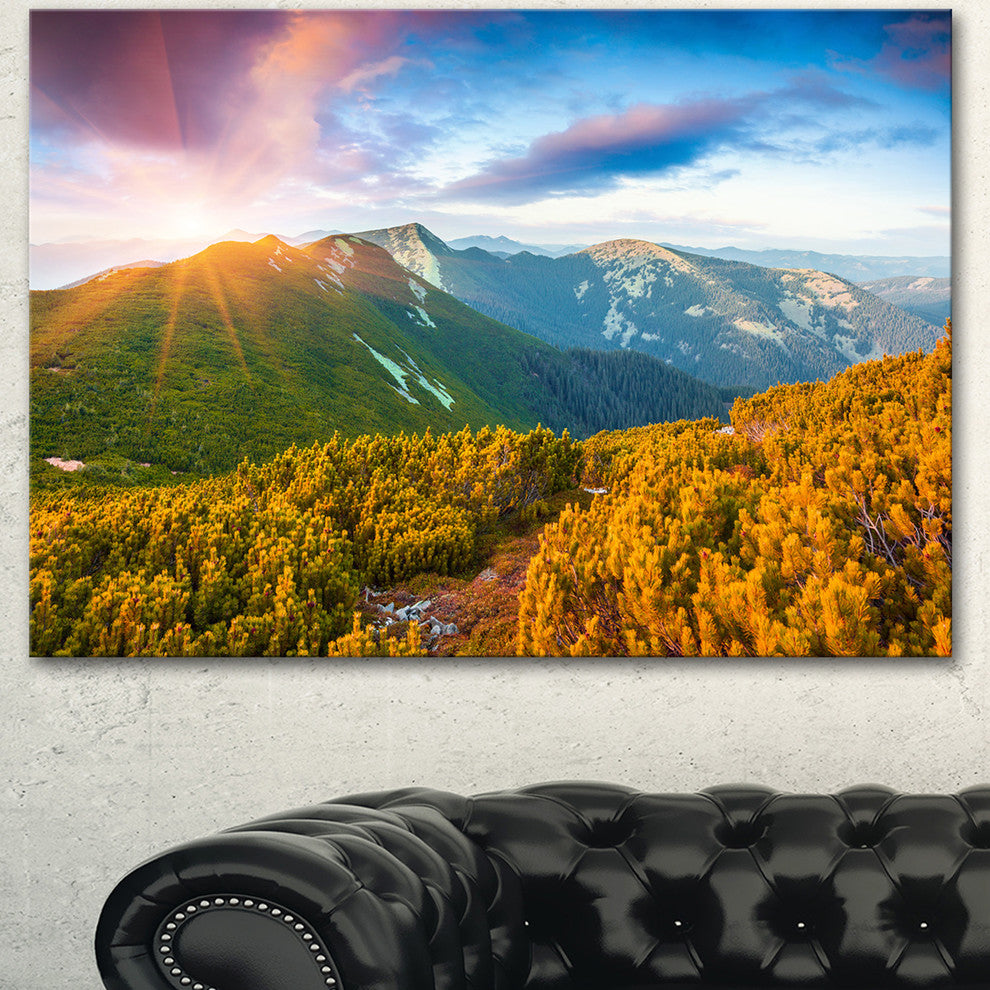 Bright Sunrise in Carpathian Mountains, Landscape Canvas Art Print, 60"x28"