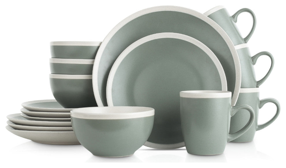Stone Lain Serenity Stoneware 32 Piece Dinnerware Set, Green and Cream