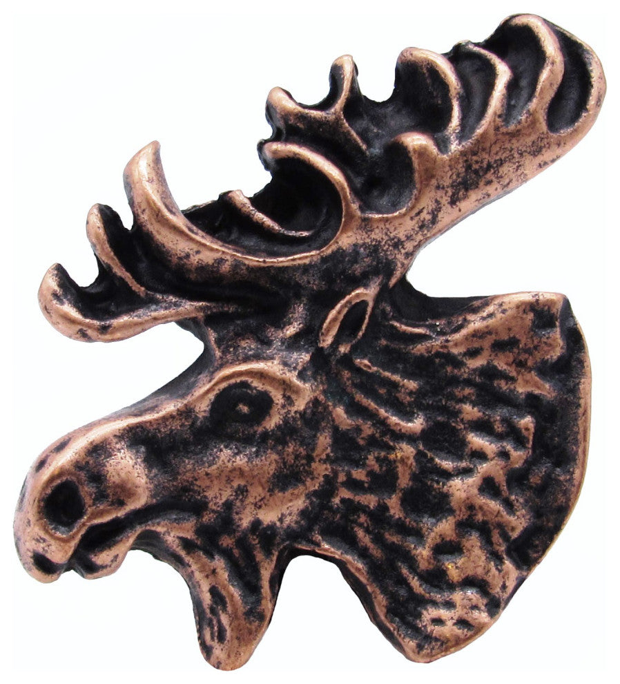 Moose Head Left Facing Cabinet Knob, Antique Copper