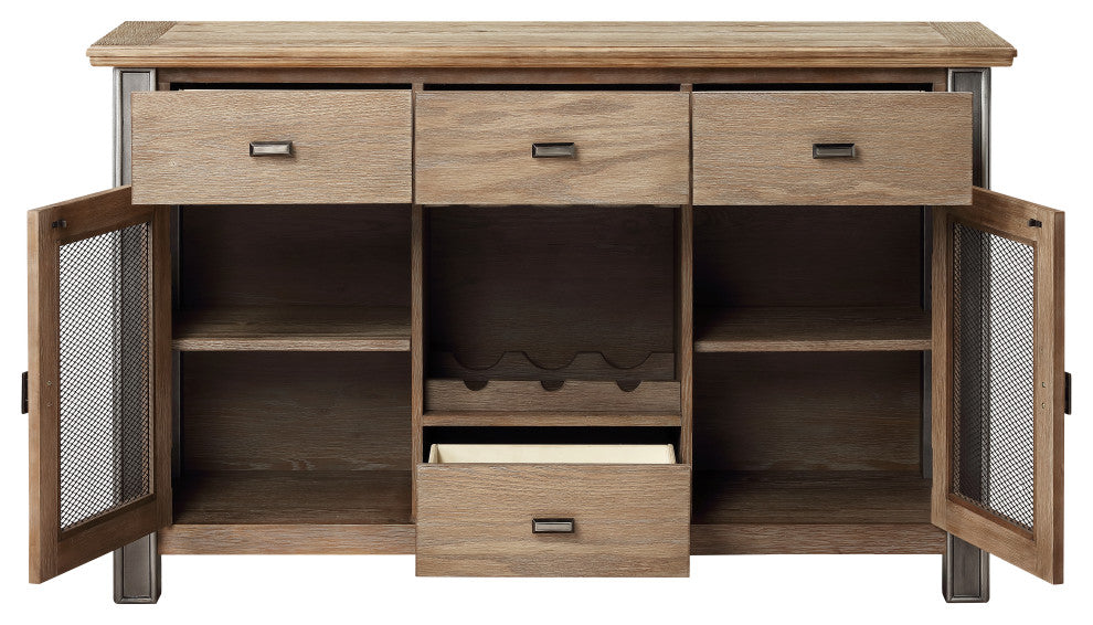 Benzara BM215015 Server With Mesh Metal Doors and Stemware Storage, Brown