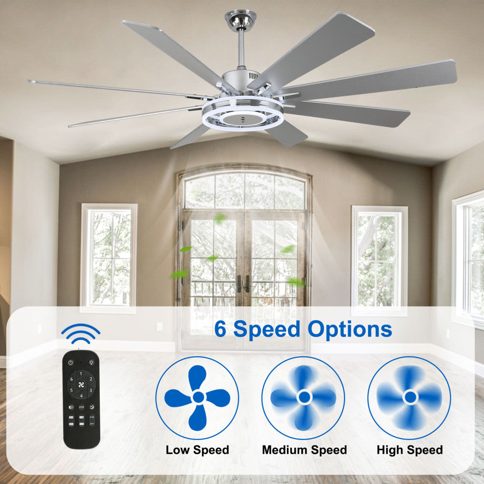 72" Large Ceiling Wood Blade Fan w LED Lights and Remote, Chrome