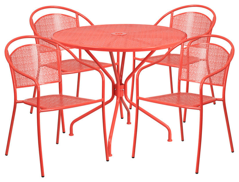 35.25" Round Coral Indoor-Outdoor Steel Patio Table Set with 4 Round Back Chairs