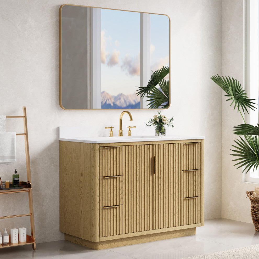 Solid Wood Freestanding Bathroom Vanity with White Quartz Top and Backsplash, 48"