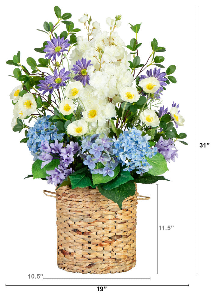 31in. Artificial Mixed Flower and Hydrangea Arrangement, Hyacinth Weave Basket