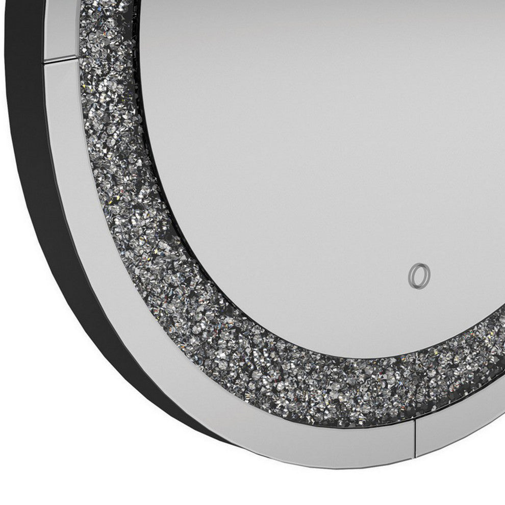 Benzara BM282037 Modern Vanity Wall Mirror, Round, Crystal Frame, Glass, Silver