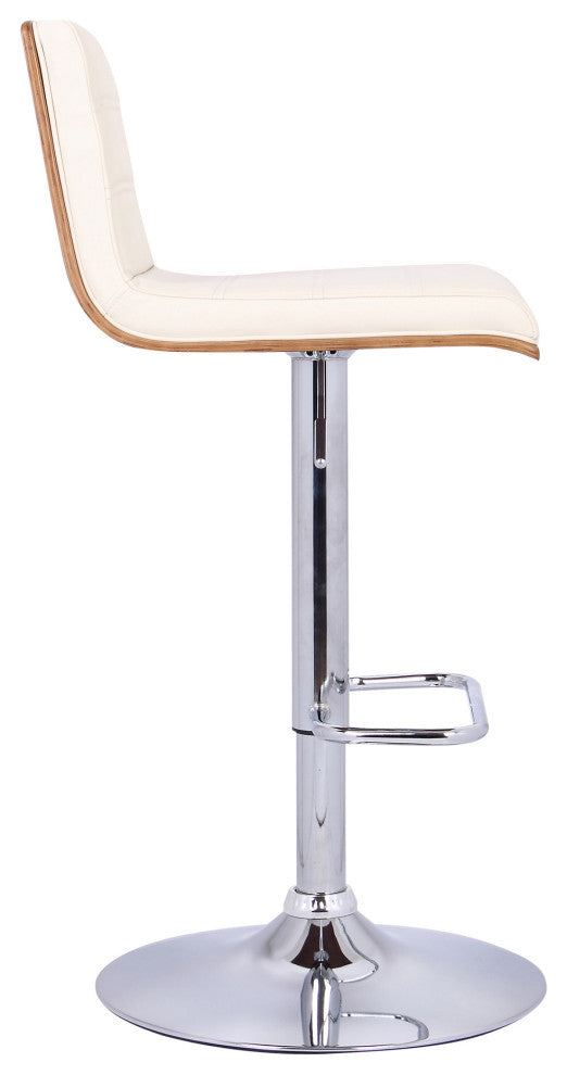 Cream Faux Leather Walnut and Chrome Adjustable Swivel Bar Stool