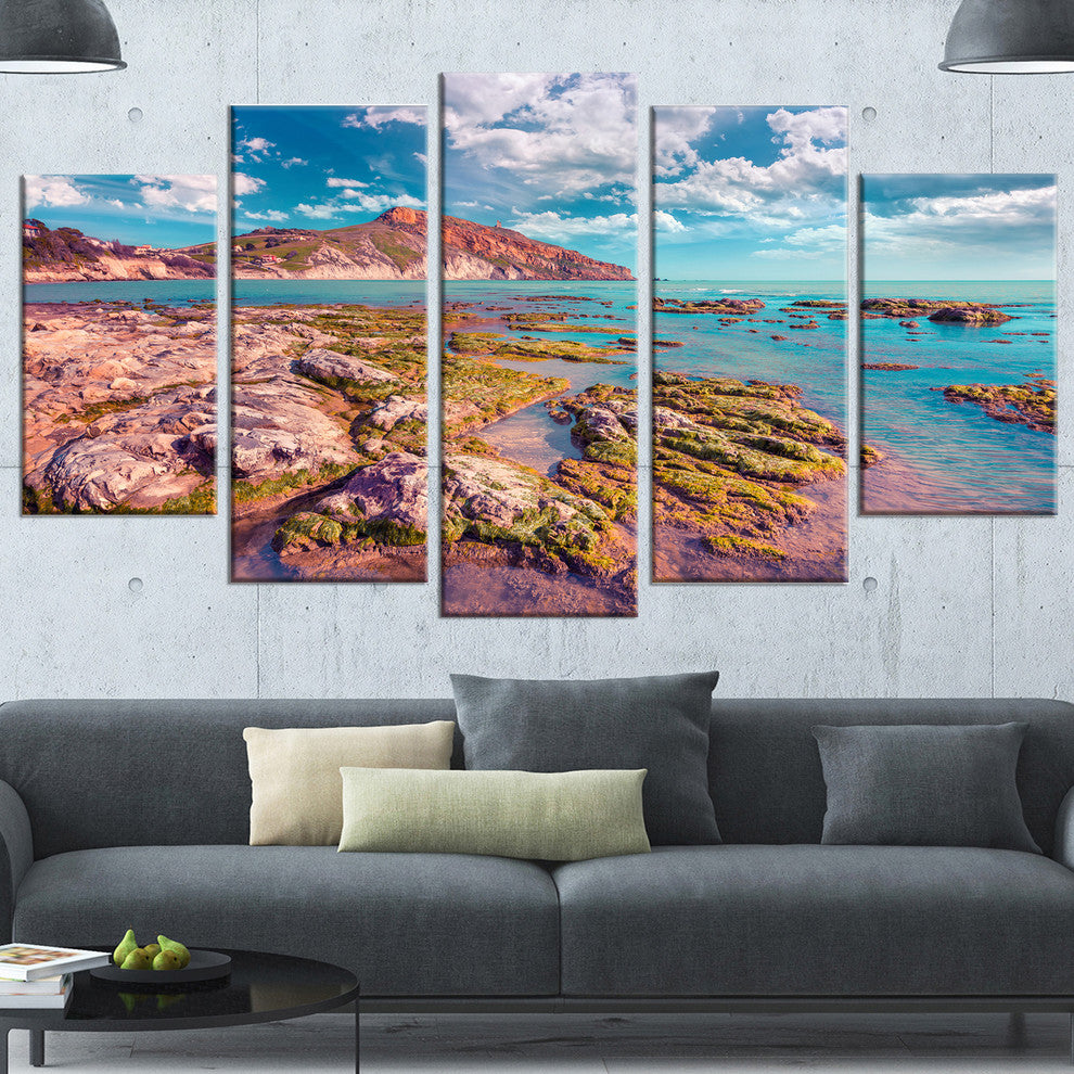 Morning on the Giallonardo Beach, Seashore Canvas Art Print, 60"x32", 5 Panels