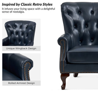 Genuine Leather Armchair With Removable Cushion, Navy