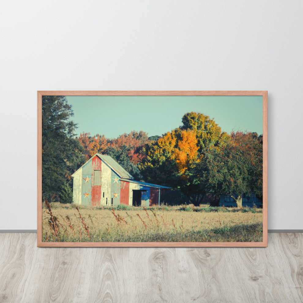 Patriotic Weathered Barn in Field Cross Processed Framed Photo Wall Art Prints, Red Oak, 24" X 36"