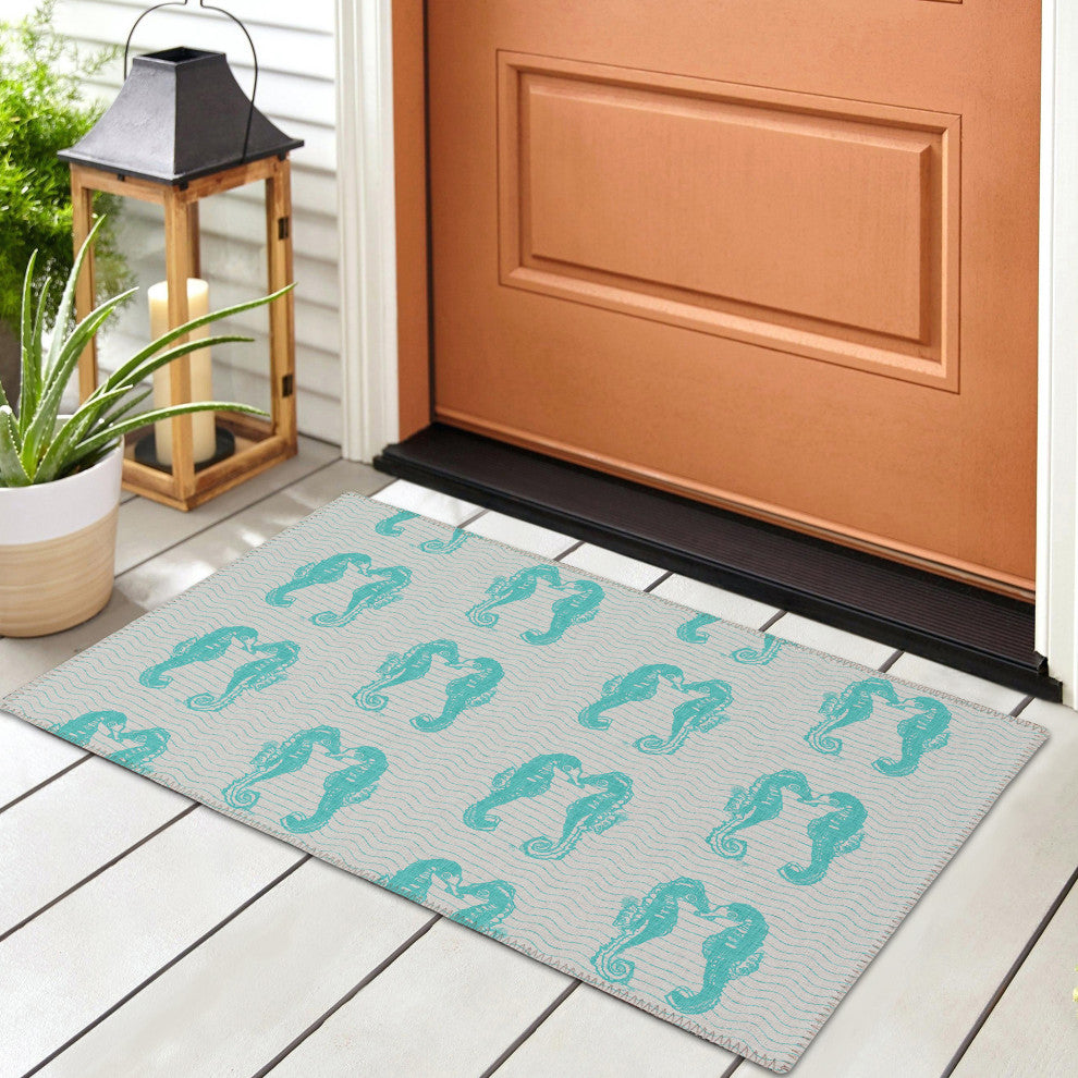 Indoor/Outdoor Seabreeze SZ15 Teal Machine Washable 1'8" x 2'6" Rug