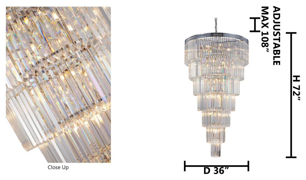 36" 34-Light Brass Metal 7-Tier Chandelier With Clear Crystals, Chrome, D36'' H72''