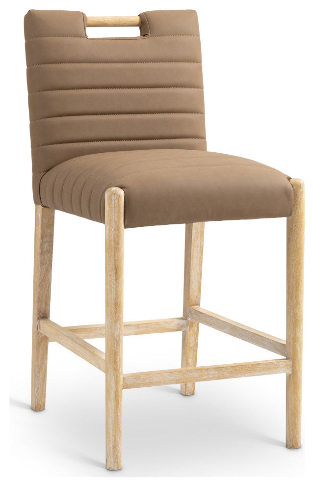 Aimee Upholstered Counter Stool, Brown, Vegan Leather, Natural Oak Finish