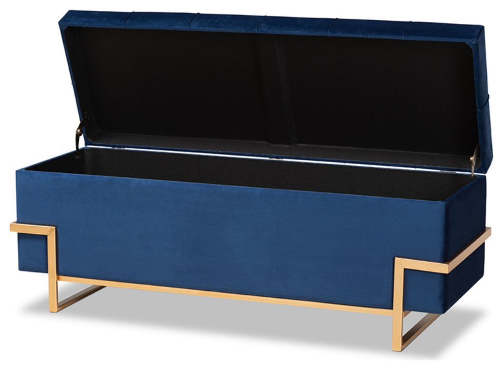 Baxton Studio Navy Blue Velvet Upholstered and Gold  Finished Storage Ottoman