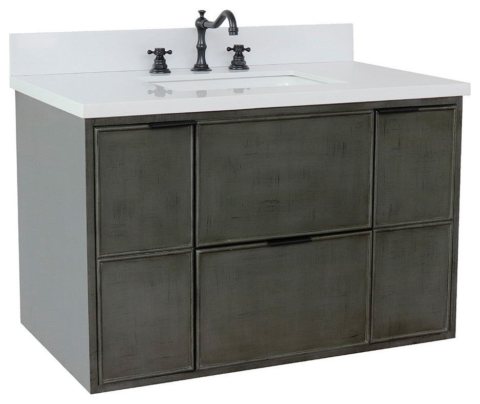 37" Single Wall Mount Vanity, Linen Gray Finish With White Engineered Stone Top