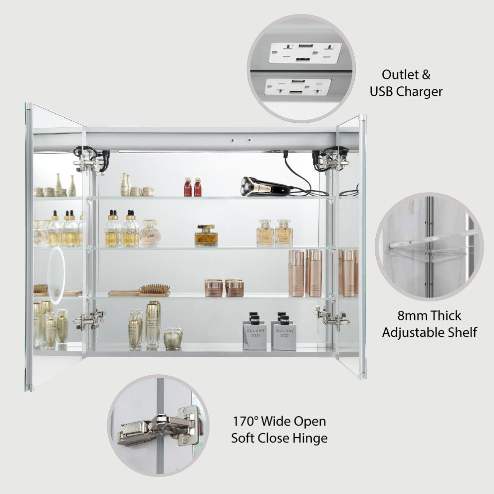 LED Medicine Cabinet With Defog, Dimmer, Makeup Mirror, Outlets, 48x32