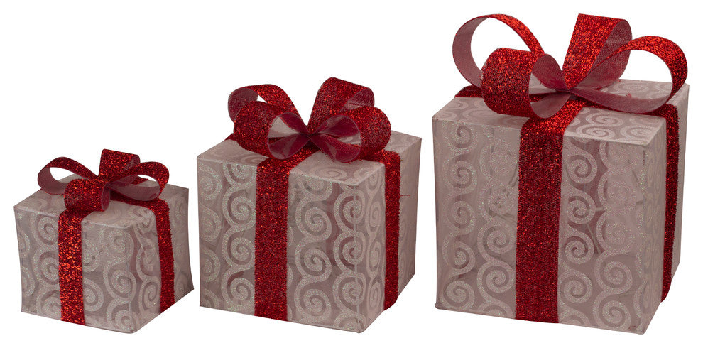 3 Piece Lighted Gift Box Set, White With Red Ribbon And Bow, Warm White LEDs