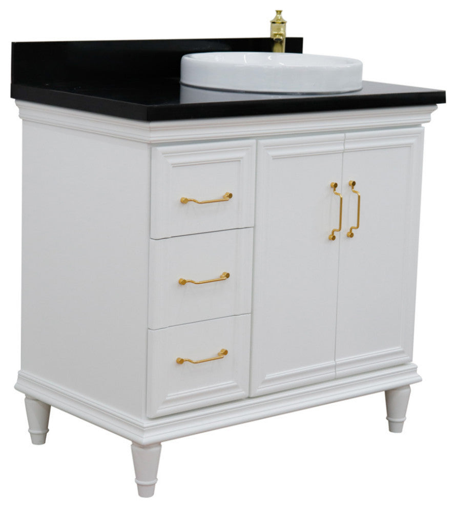 37" Single Vanity, White Finish With Black Galaxy