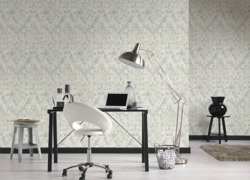 Damask Textured Wallpaper, Ornaments, 374134, White Gray Silver, 1 Roll
