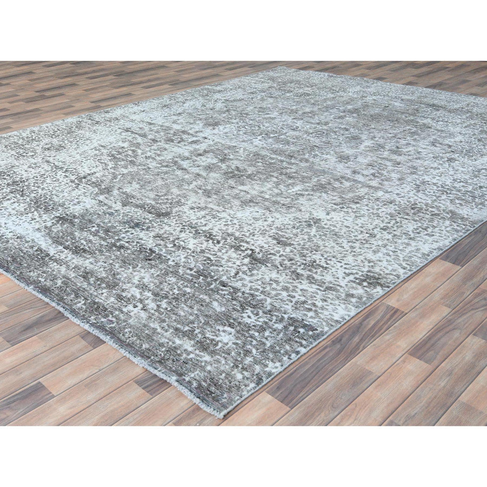 Stone Gray Worn Wool Hand Knotted Semi Antique Persian Tabriz Rug, 9'3"x12'0"