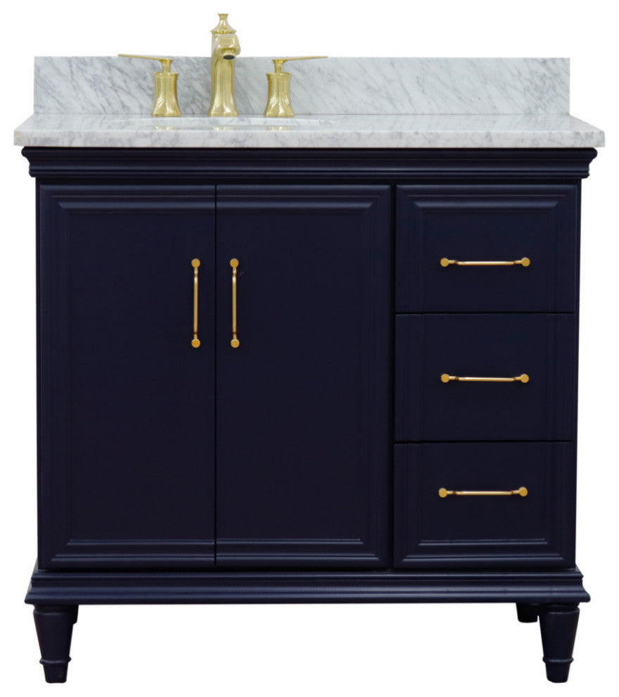 37" Single Vanity, Blue Finish With White Carrara