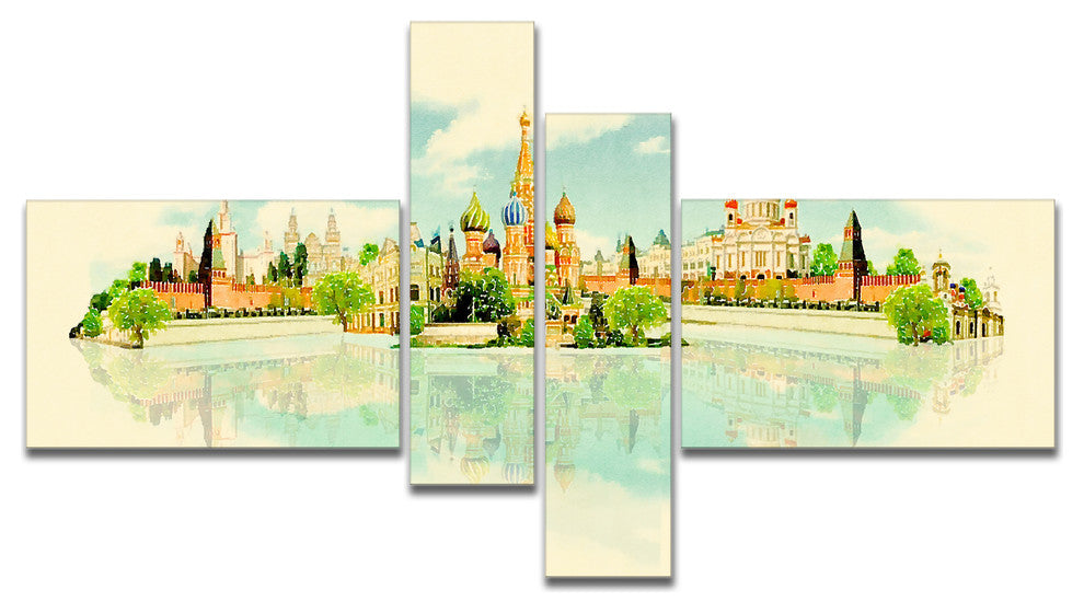 Moscow Panoramic View, Cityscape Watercolor Canvas Print, 60"x32", 4 panels