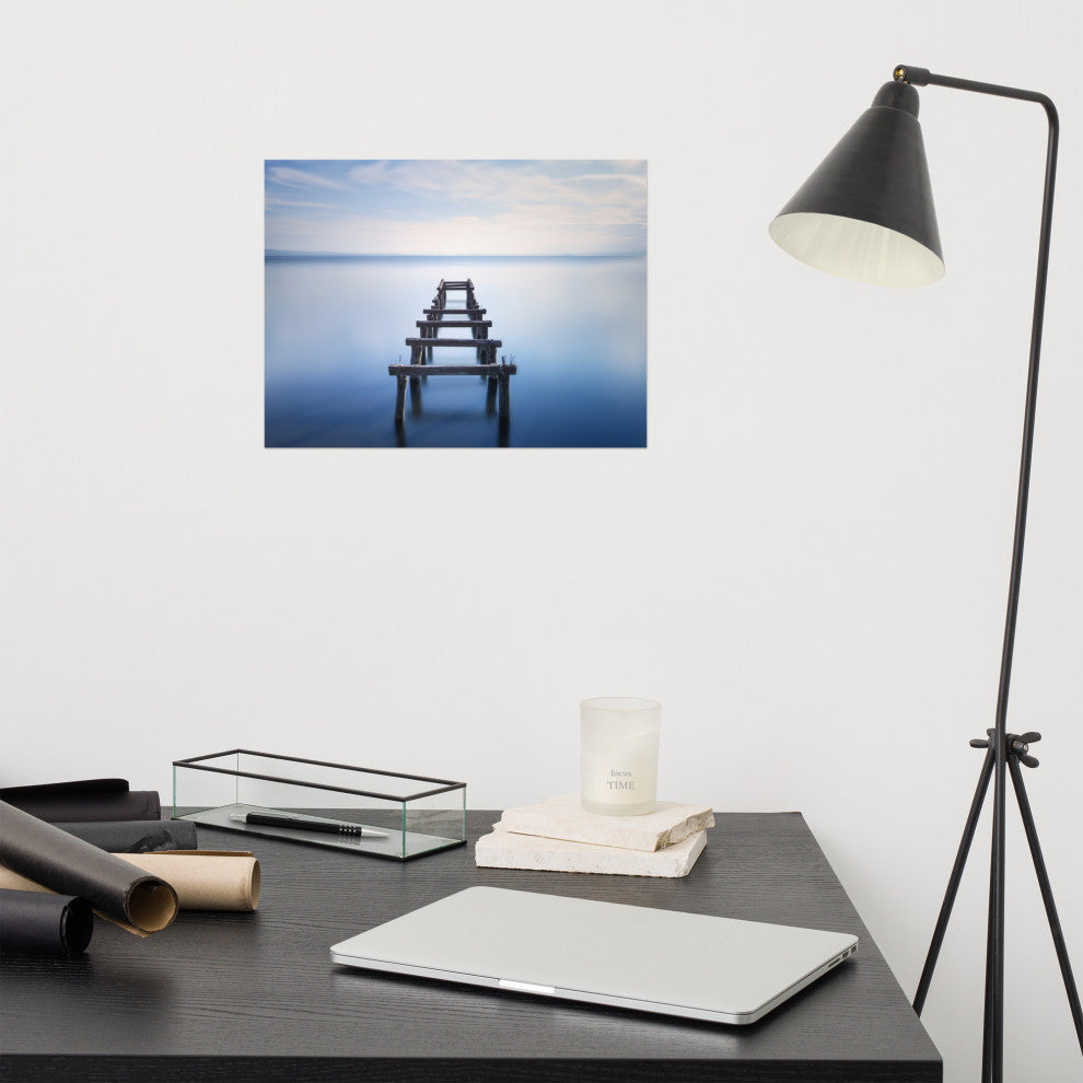 Soft Blue Lake and Abandoned Pier Landscape Photo Loose Wall Art Prints, 12" X 16"