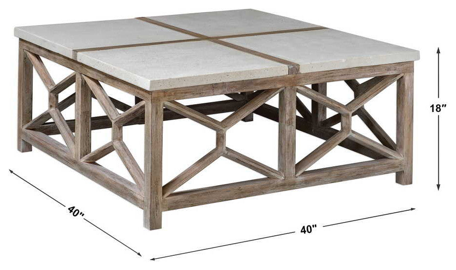 Open Light Weathered Wood Coffee Table Stone Top X Natural Minimalist Square