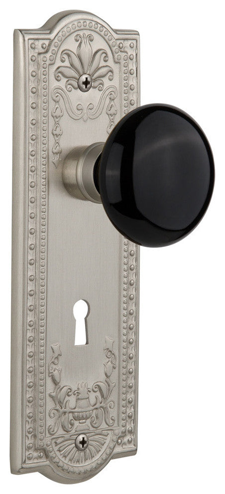 Meadows Plate Privacy Black Porcelain Knob, Satin Nickel