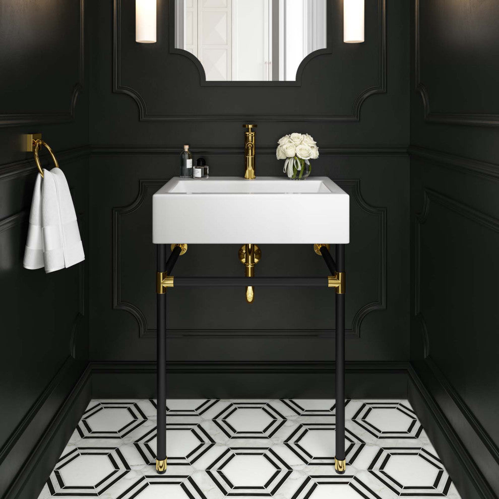 Sink Vanity, Wall Mount, White Black, Ceramic, Stainless, Modern, Bathroom
